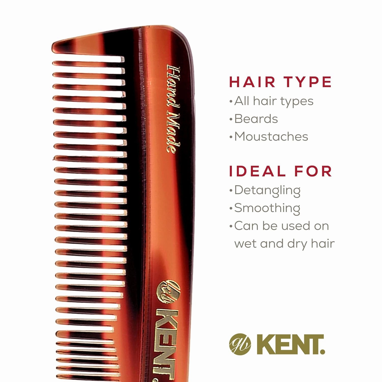 Kent R7T Fine and Wide Tooth Hair Comb - Handmade Pocket Comb for Men, Best Beard and Mustache Comb for Everyday Grooming and Styling - Sawcut, Made in England