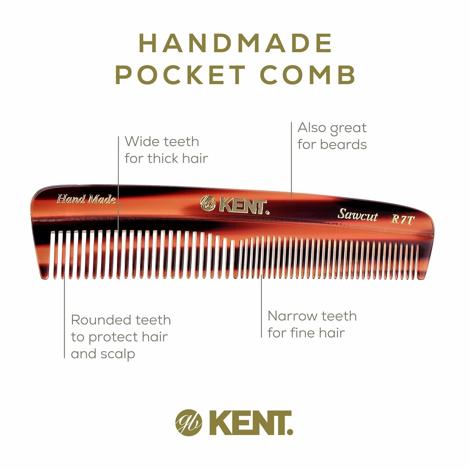 Kent R7T Fine and Wide Tooth Hair Comb - Handmade Pocket Comb for Men, Best Beard and Mustache Comb for Everyday Grooming and Styling - Sawcut, Made in England
