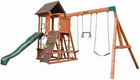 KidKraft Raptor Trail Wooden Swing Set with Twisty Ladder, Wavy Slide and Rock Wall