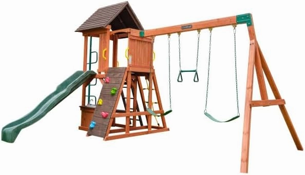 KidKraft Raptor Trail Wooden Swing Set with Twisty Ladder, Wavy Slide and Rock Wall