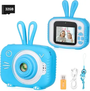 Kids Camera for Girls Boys 3-12 Years Old Selfie Children Camera Infant Toys Bunny 1080P HD Digital Video Camera for Toddler Christmas Easter Birthday Gifts with 32GB SD Card