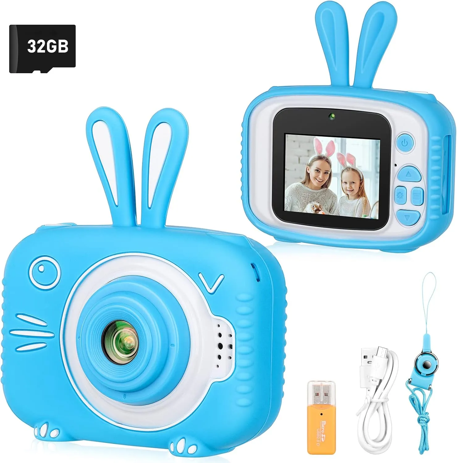 Kids Camera for Girls Boys 3-12 Years Old Selfie Children Camera Infant Toys Bunny 1080P HD Digital Video Camera for Toddler Christmas Easter Birthday Gifts with 32GB SD Card