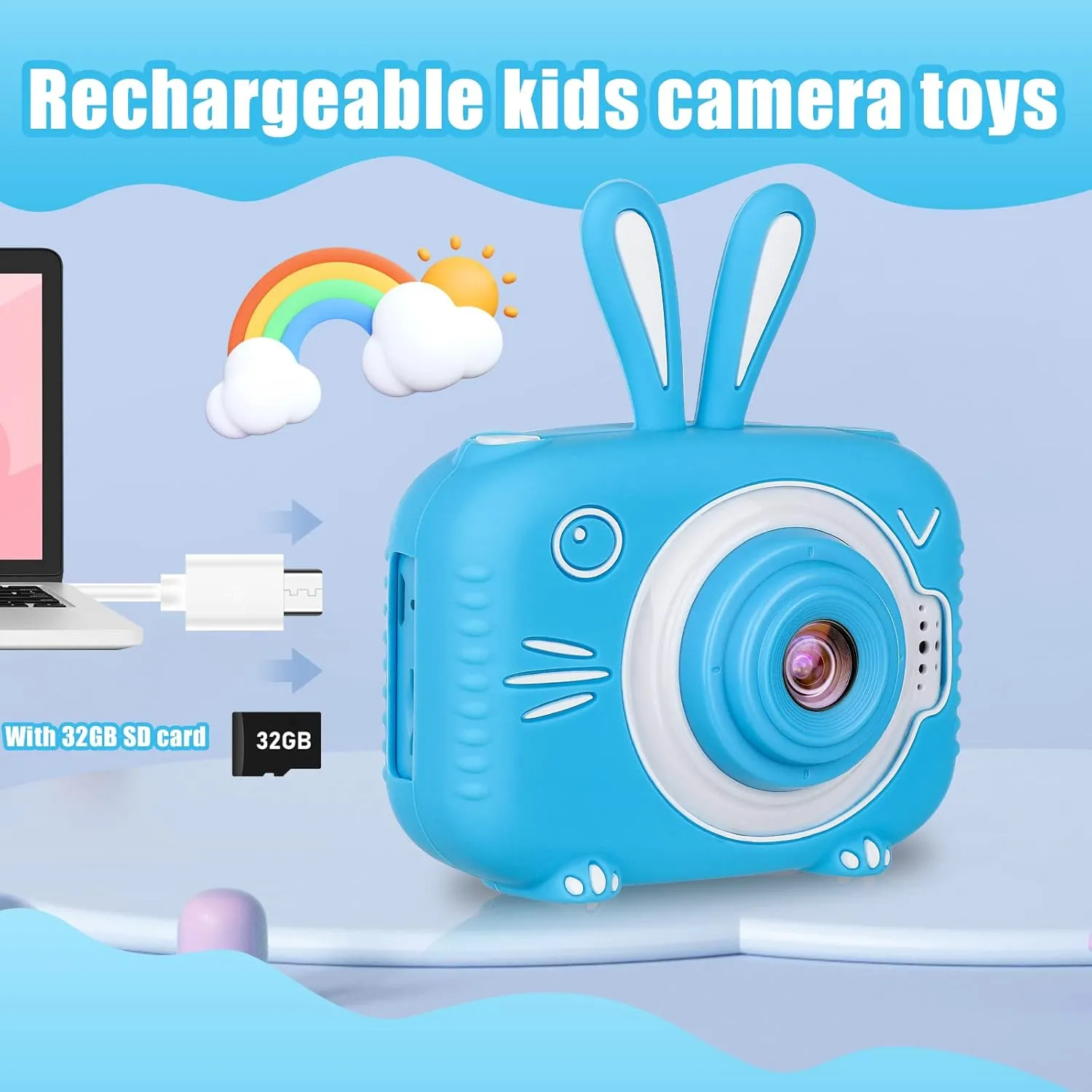 Kids Camera for Girls Boys 3-12 Years Old Selfie Children Camera Infant Toys Bunny 1080P HD Digital Video Camera for Toddler Christmas Easter Birthday Gifts with 32GB SD Card