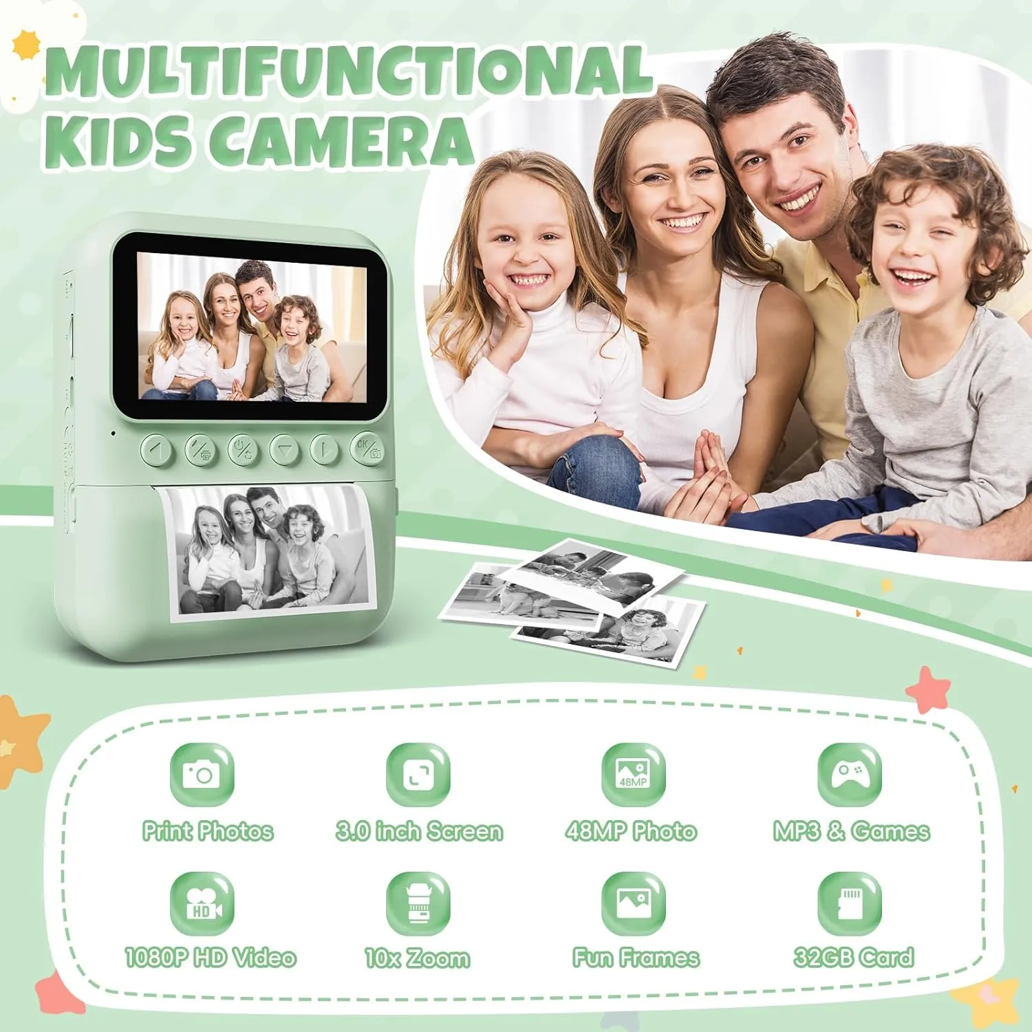 Kids Camera Instant Print, 3.0'' Screen 48MP Photo Instant Camera for Kids with 32GB Card, 1080P HD Digital Child Printable Camera, Gift for 3-12 Year Old Girls Boys (Green)