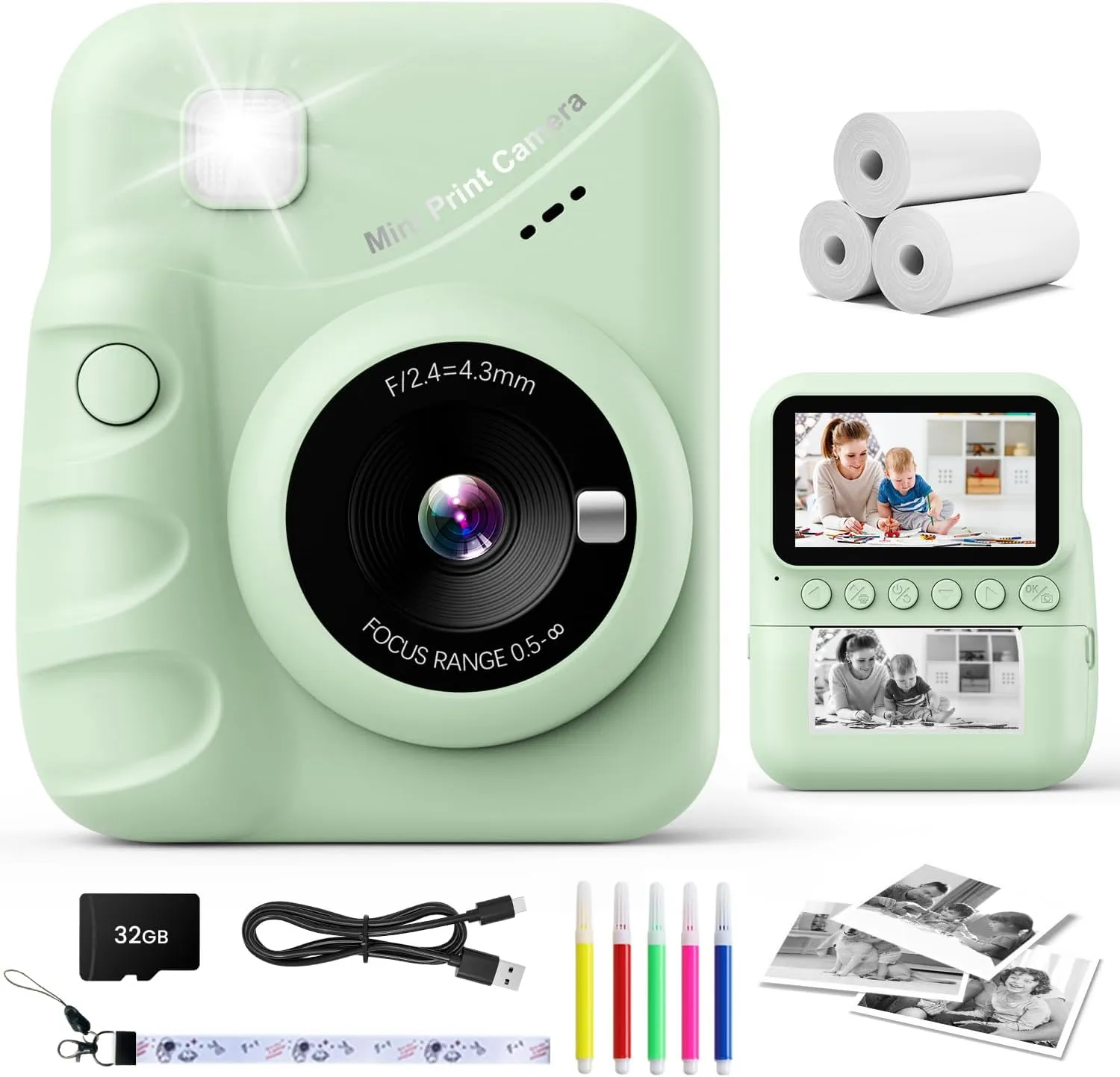 Kids Camera Instant Print, 3.0'' Screen 48MP Photo Instant Camera for Kids with 32GB Card, 1080P HD Digital Child Printable Camera, Gift for 3-12 Year Old Girls Boys (Green)