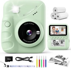 Kids Camera Instant Print, 3.0'' Screen 48MP Photo Instant Camera for Kids with 32GB Card, 1080P HD Digital Child Printable Camera, Gift for 3-12 Year Old Girls Boys (Green)