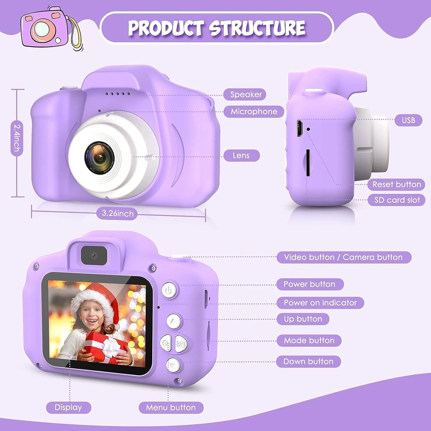 Kids Camera,Christmas Birthday Gifts for Girls Age 3-9, HD Digital Video Cameras for Toddler Portable Toys for 3 4 5 6 7 8 Year Old Girl 32GB
