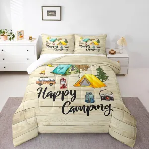 Kids Happy Camping Bedding for Rv Camper Cartoon Camping Essentials Bedding Comforter Sets for Boys Girls, Vintage Woodland Farmhouse Comforter Set Camper Bedroom Accessories with 1 Pillowcase, Twin