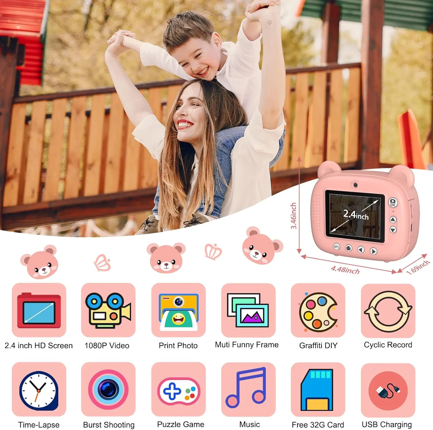 Kids Instant Camera for 3-12 Years Old Kids Toddlers Childrens Boys Girls Birthday Gifts 2.4 Inch Screen 12MP / 1080P HD Video Camera Baby Instant Print Digital Camera