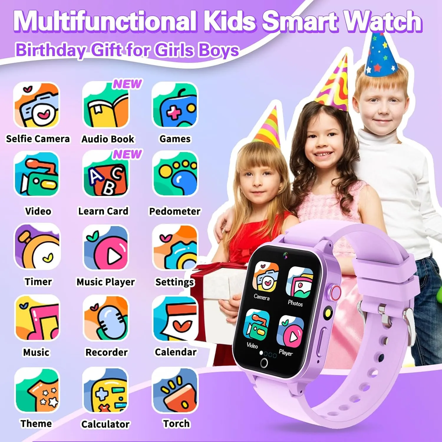 Kids Smart Watch with HD Touchscreen, 26 Games, Camera, Video, Music Player, Pedometer - Educational Gift for Girls Ages 6-12