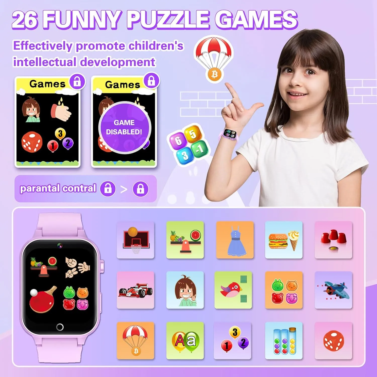 Kids Smart Watch with HD Touchscreen, 26 Games, Camera, Video, Music Player, Pedometer - Educational Gift for Girls Ages 6-12