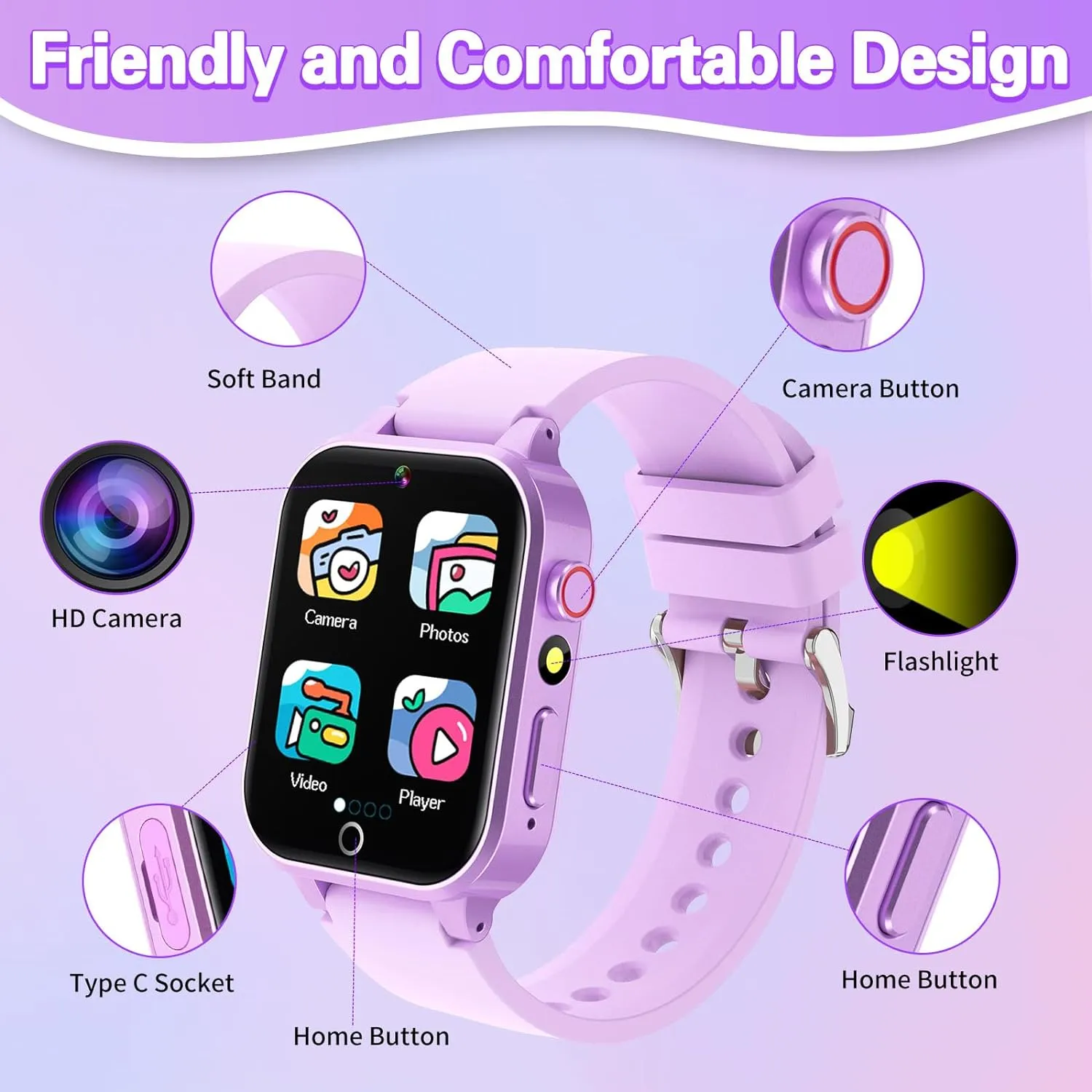 Kids Smart Watch with HD Touchscreen, 26 Games, Camera, Video, Music Player, Pedometer - Educational Gift for Girls Ages 6-12
