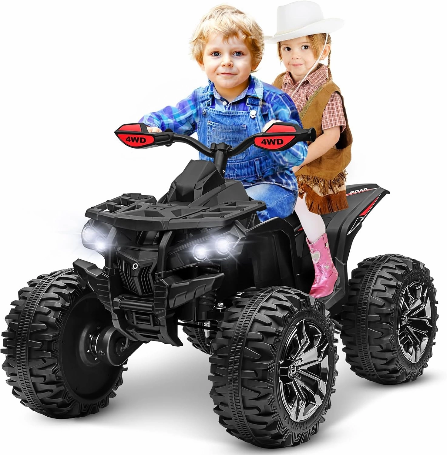 Kids ATV 4 Wheeler, 24V 4WD Ride on Toys w/2 Seater, 4x200W Powerful Motor, 9AH Battery Powered, Bluetooth Music, LED Lights, TF Card, Spring Suspension, Electric Quad Vehicle Car for Boy Girl, Black
