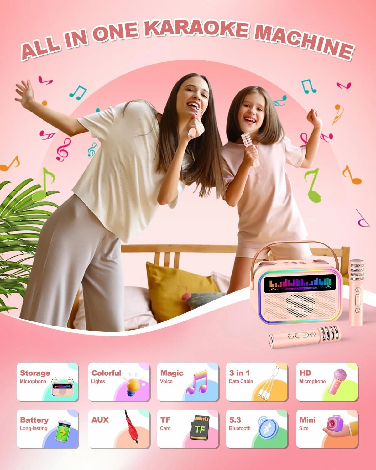 Kids Karaoke Machine for Girls, Kids Toys Gifts for Age 3-12 , Portable Bluetooth Speaker with 2 Wireless Microphones, Toddler Singing Karaoke for Birthday, Family, Home Party (Pink)