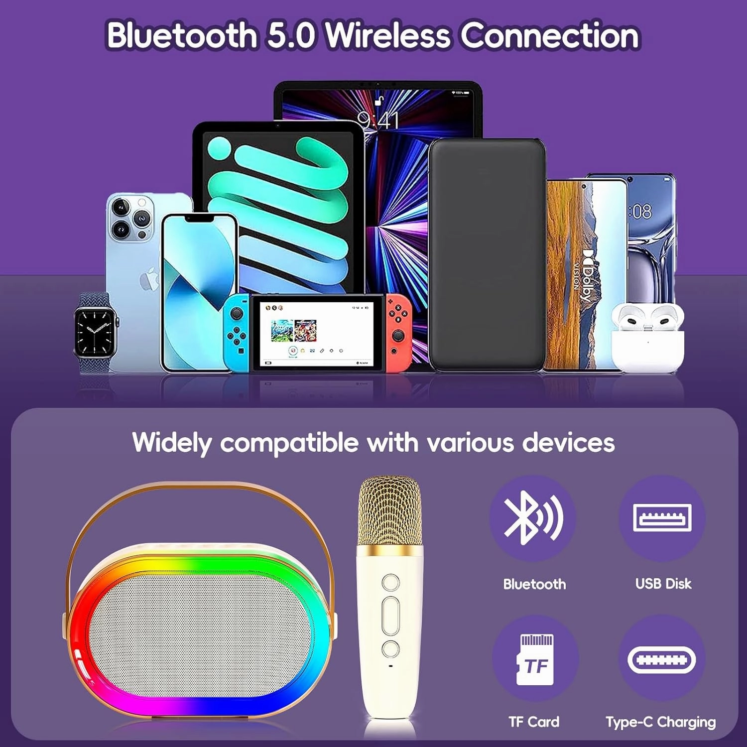 Kids Karaoke Machine, Mini Karaoke Machine with 2 Wireless Microphones & LED Lights for Home Parties, Music Toys for Girls Boys 4-12  Years Old Christmas Easter Birthday Gifts