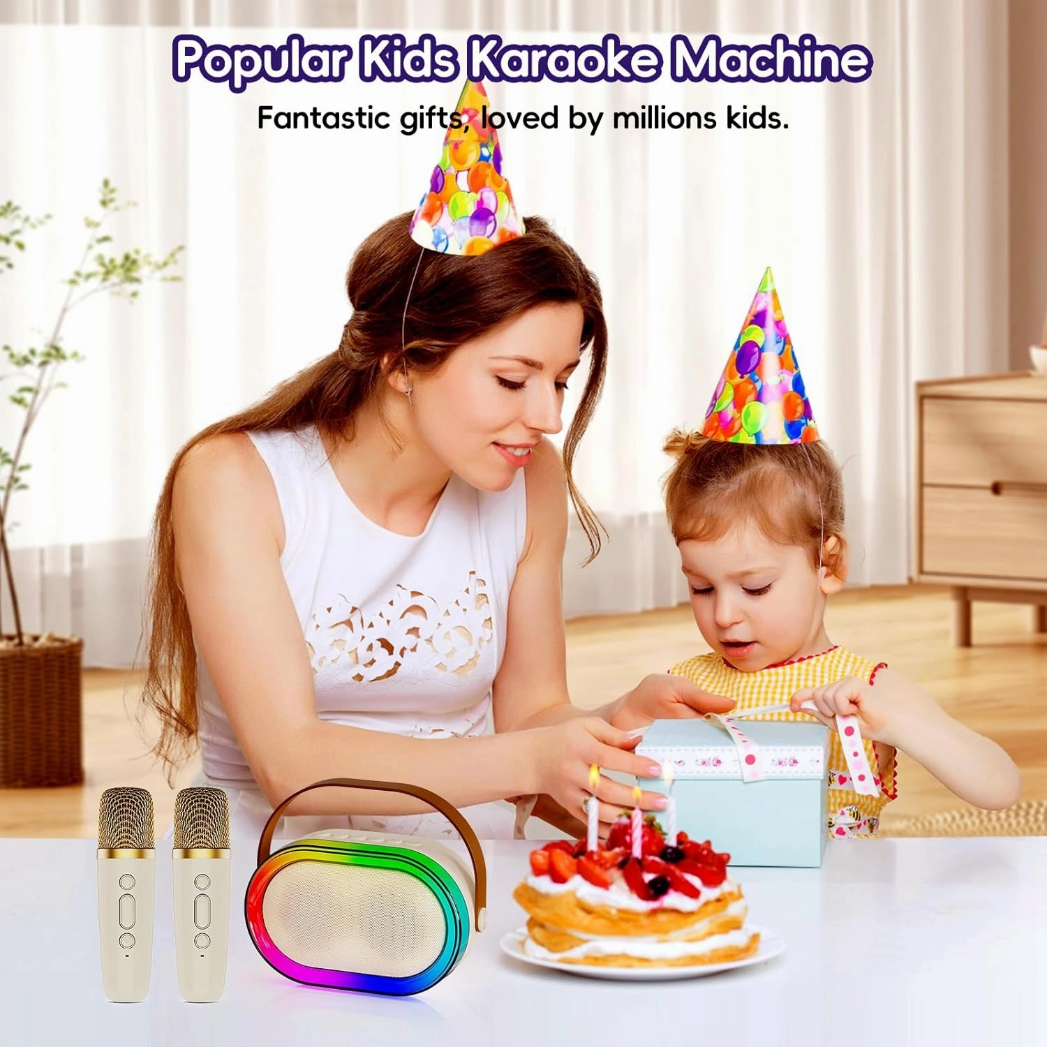 Kids Karaoke Machine, Mini Karaoke Machine with 2 Wireless Microphones & LED Lights for Home Parties, Music Toys for Girls Boys 4-12  Years Old Christmas Easter Birthday Gifts