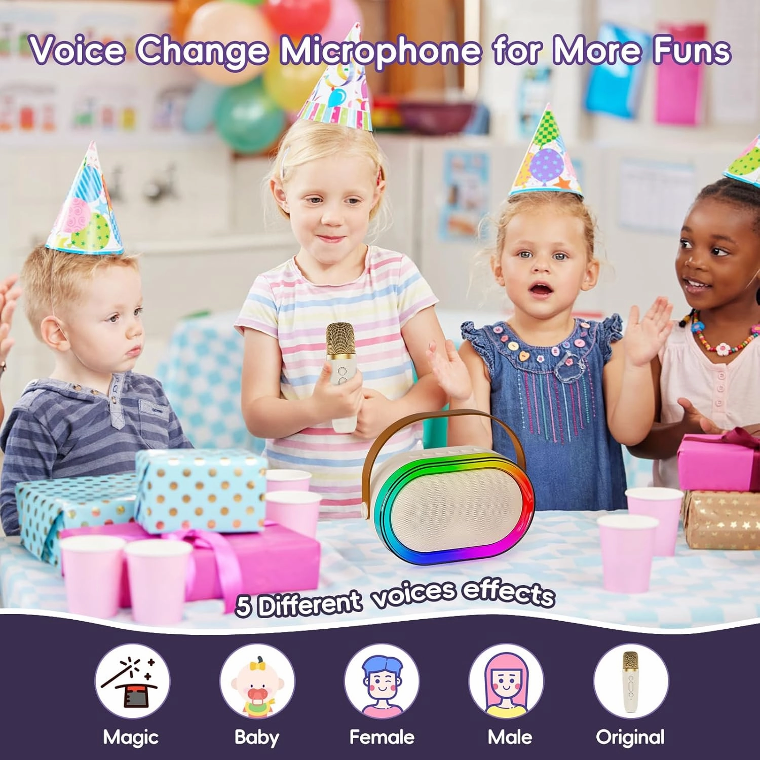 Kids Karaoke Machine, Mini Karaoke Machine with 2 Wireless Microphones & LED Lights for Home Parties, Music Toys for Girls Boys 4-12  Years Old Christmas Easter Birthday Gifts