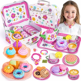 Kids Tea Party Set for Little Girls, Flower Toy Tin Tea Set with Carry Case, Dessert Play Food Tea Cup Set Teapot Girl Jewelry, Birthday for Girls Kids 3 4 5 6 7 Years Old