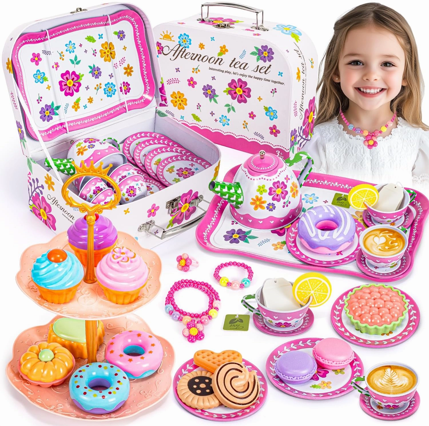 Kids Tea Party Set for Little Girls, Flower Toy Tin Tea Set with Carry Case, Dessert Play Food Tea Cup Set Teapot Girl Jewelry, Birthday for Girls Kids 3 4 5 6 7 Years Old