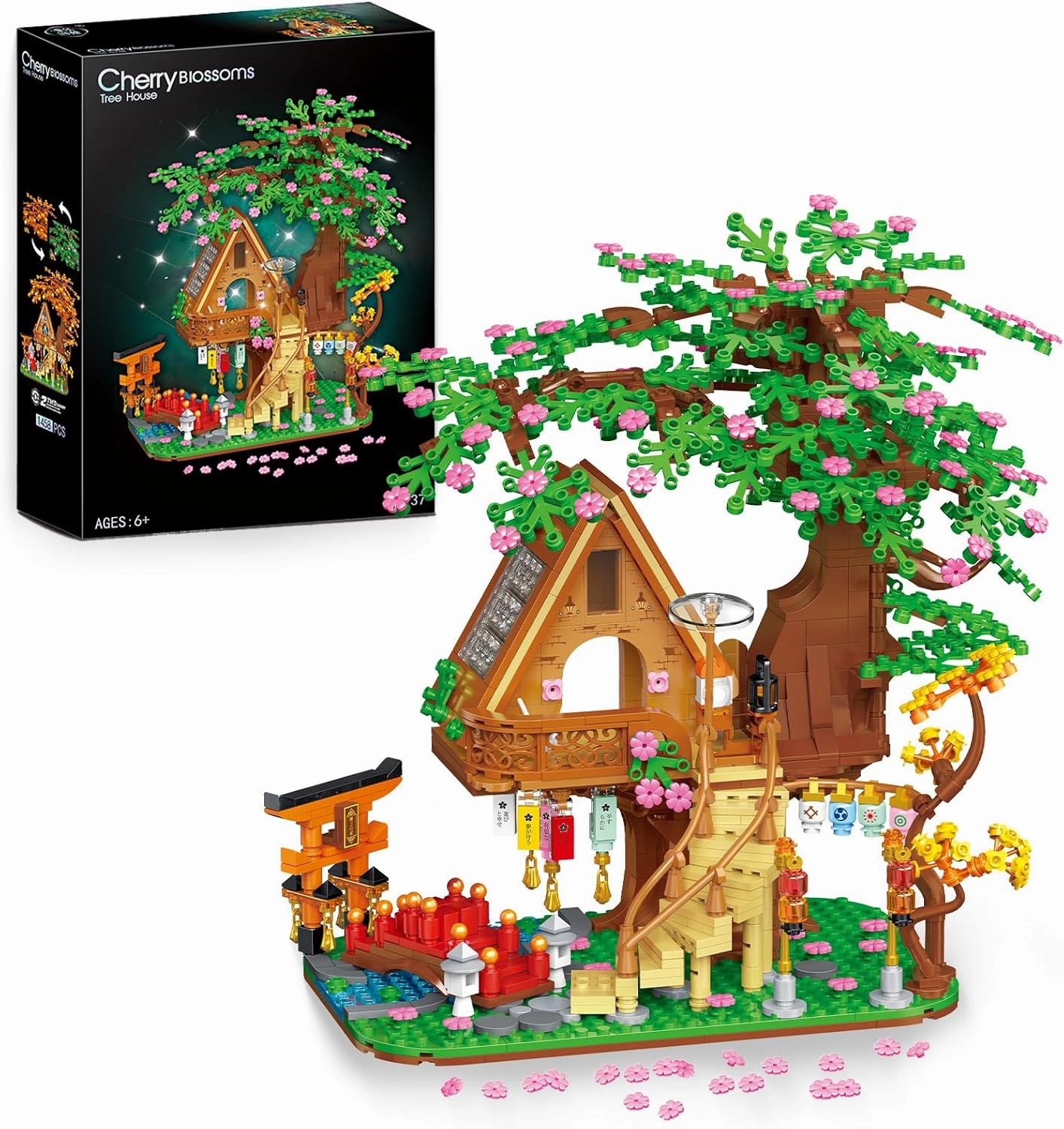 Kimiangel Tree House Lighting Building Brick Set, 1458 PCS Wood-Cabin Construction Model for Adults and Teens With LED Lights, Architecture Cabin Building