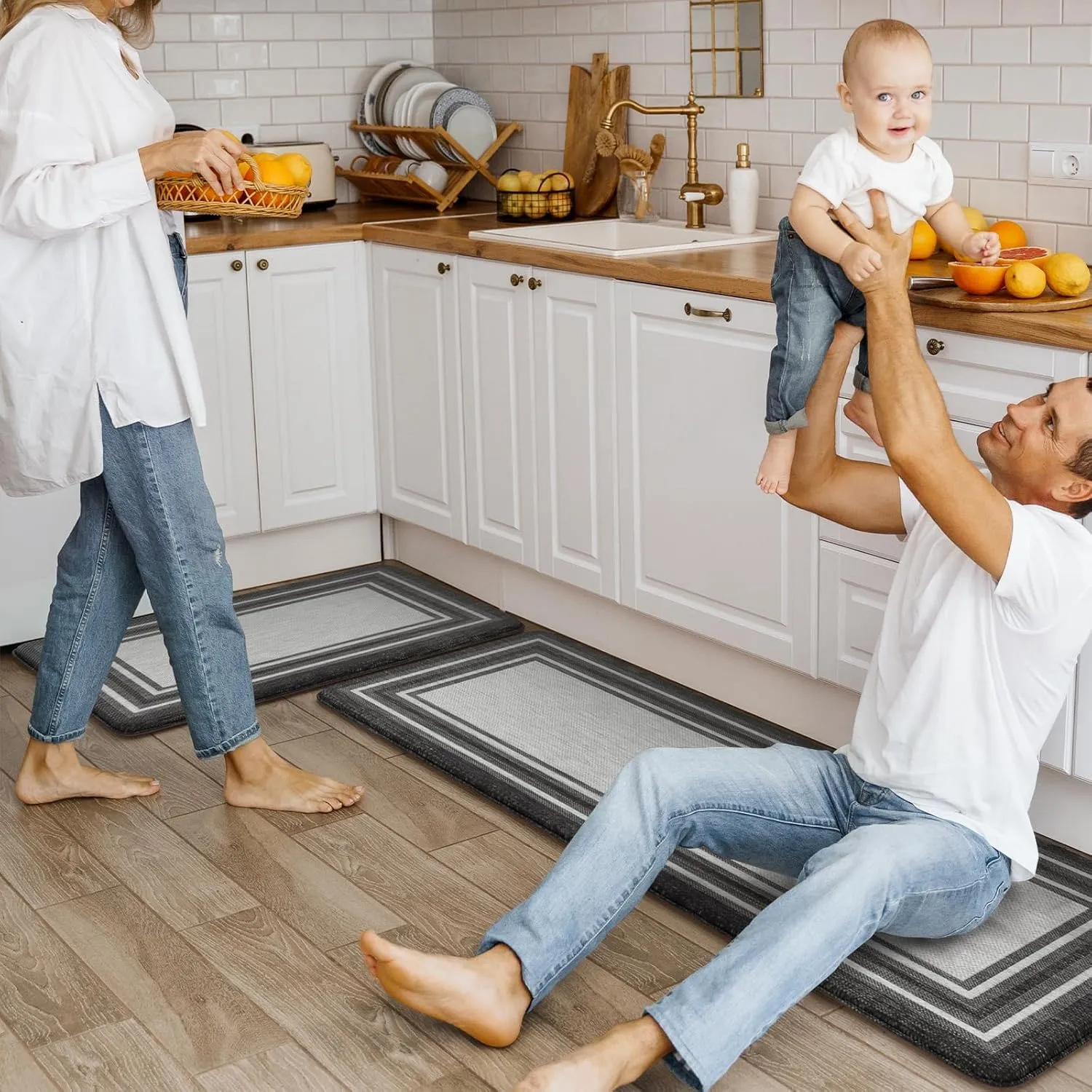 KIMODE Anti Fatigue Kitchen Mat 2PCS,Kitchen Rugs Non Slip Rubber Backing,Waterproof Farmhouse Kitchen Mat for Floor,Cushioned Standing Mat for Office,Laundry,Sink,Desk,Black and Grey