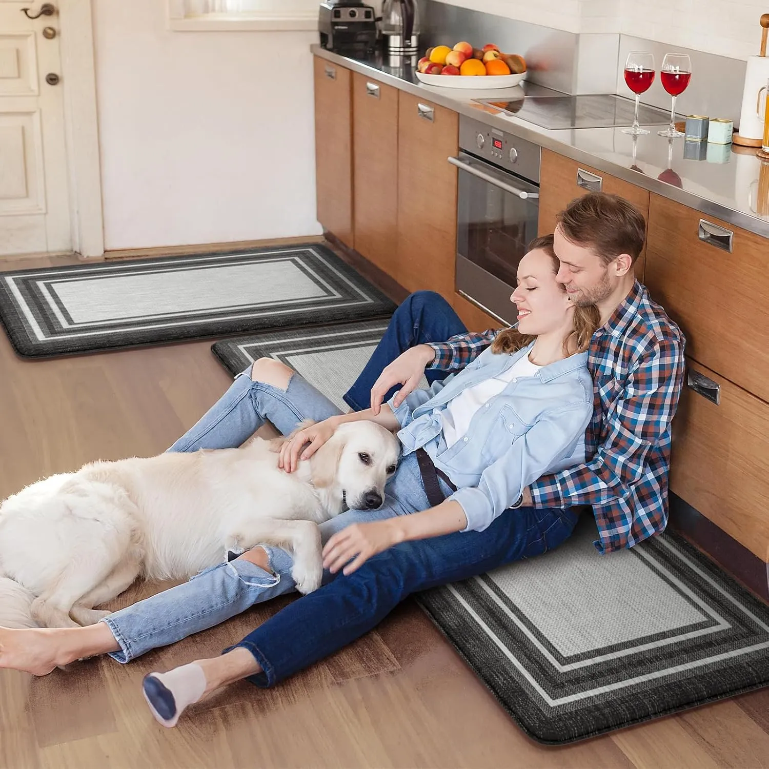 KIMODE Anti Fatigue Kitchen Mat 2PCS,Kitchen Rugs Non Slip Rubber Backing,Waterproof Farmhouse Kitchen Mat for Floor,Cushioned Standing Mat for Office,Laundry,Sink,Desk,Black and Grey