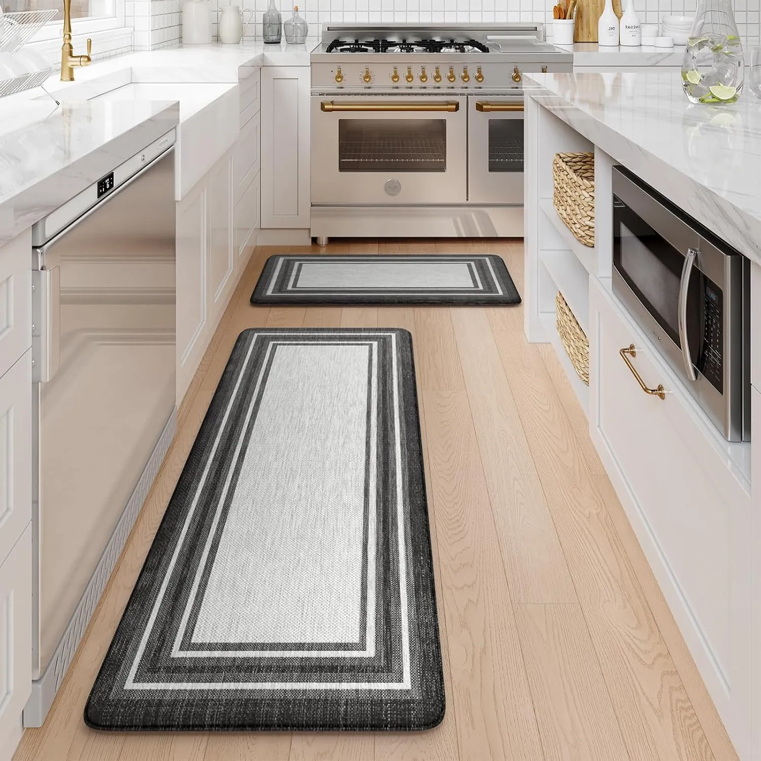 KIMODE Anti Fatigue Kitchen Mat 2PCS,Kitchen Rugs Non Slip Rubber Backing,Waterproof Farmhouse Kitchen Mat for Floor,Cushioned Standing Mat for Office,Laundry,Sink,Desk,Black and Grey
