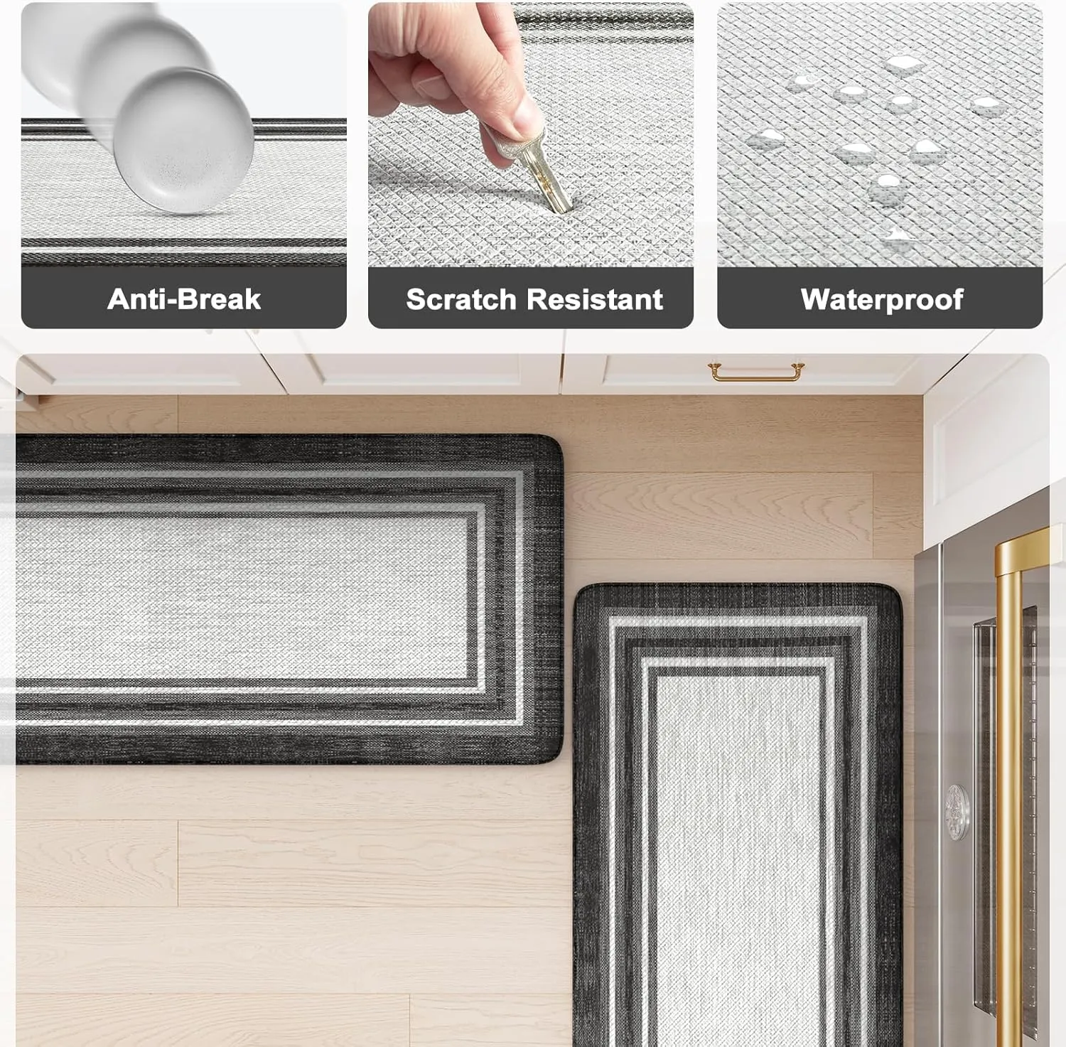 KIMODE Anti Fatigue Kitchen Mat 2PCS,Kitchen Rugs Non Slip Rubber Backing,Waterproof Farmhouse Kitchen Mat for Floor,Cushioned Standing Mat for Office,Laundry,Sink,Desk,Black and Grey