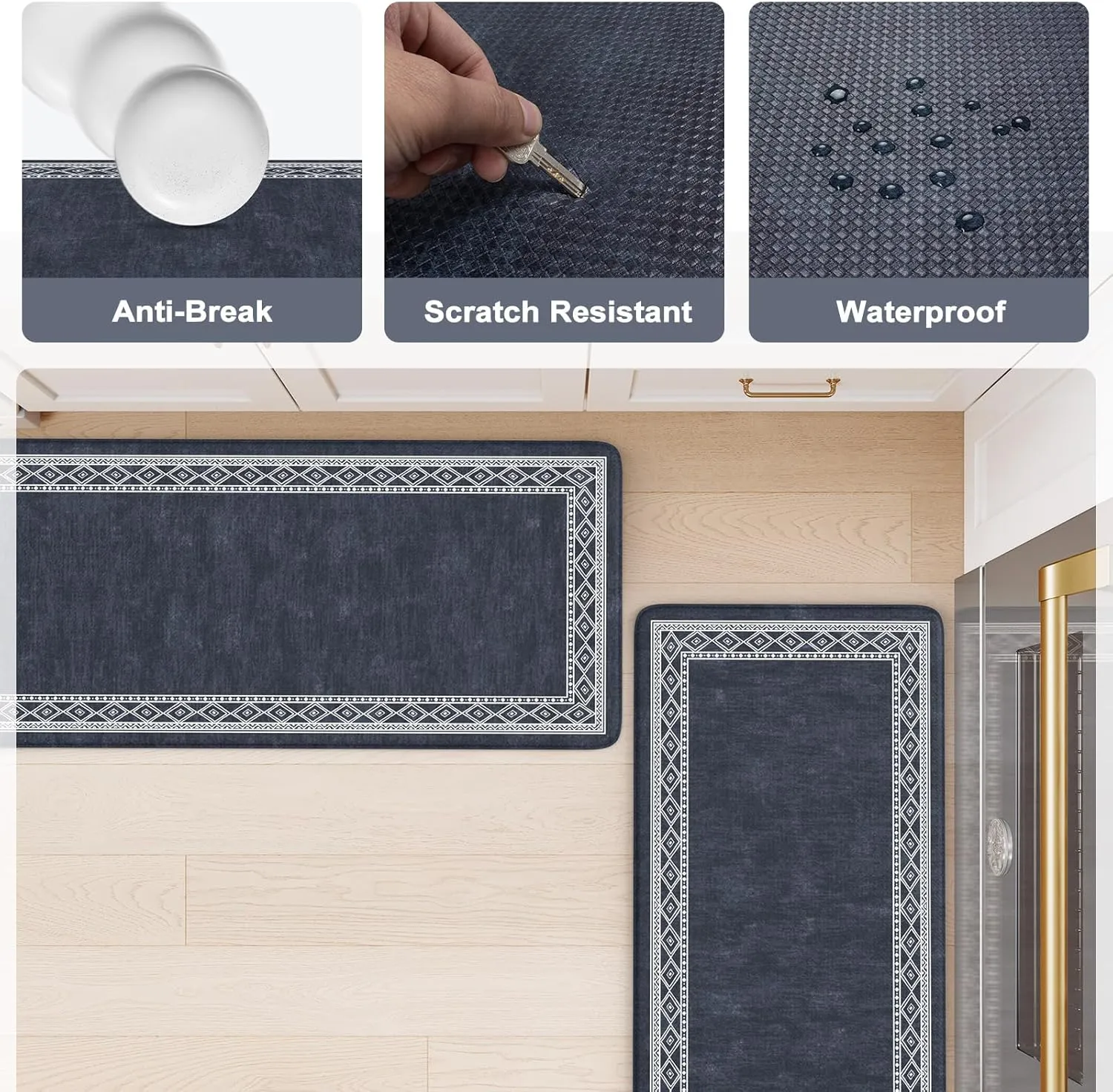 KIMODE Anti Fatigue Kitchen Mats for Floor 17"x47" 17"x29", Cushioned Farmhouse Kitchen Rugs, Non Slip Waterproof Kitchen Floor Mats, Comfort Standing Mats for Laundry Office Sink Desk Dark Blue