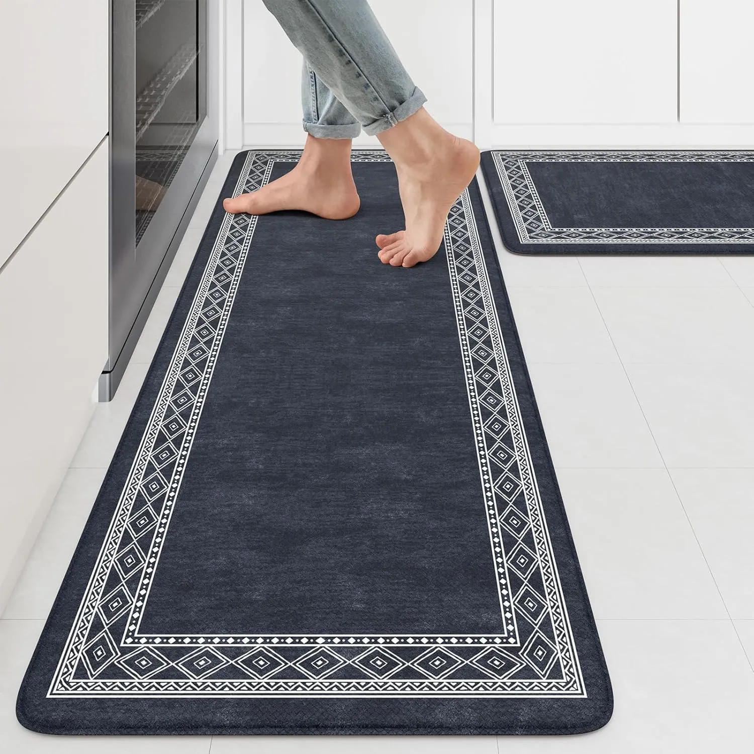 KIMODE Anti Fatigue Kitchen Mats for Floor 17"x47" 17"x29", Cushioned Farmhouse Kitchen Rugs, Non Slip Waterproof Kitchen Floor Mats, Comfort Standing Mats for Laundry Office Sink Desk Dark Blue