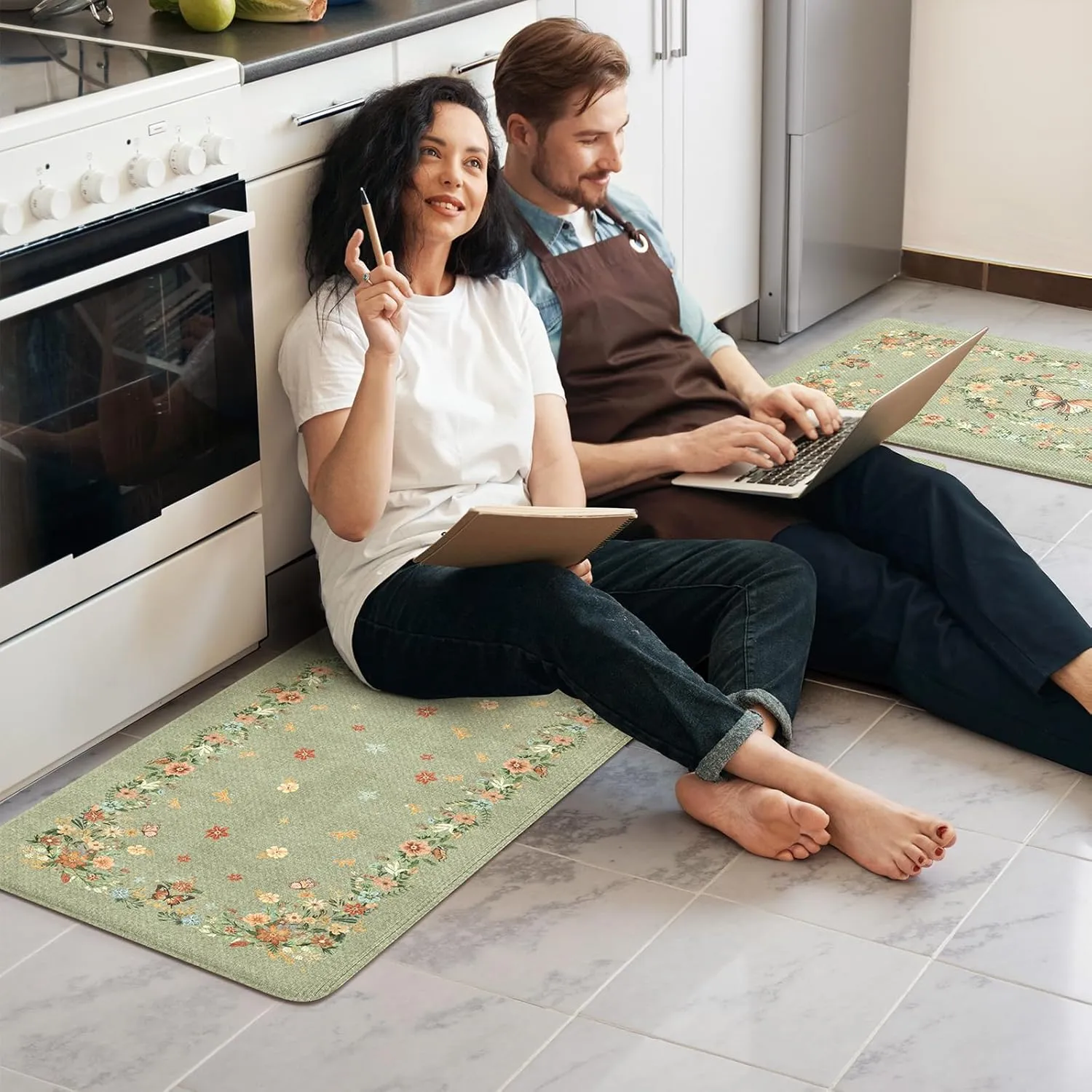 KIMODE Kitchen Anti Fatigue Mats, Farmhouse Kitchen Rugs Sets of 2, Memory Foam Kitchen Mats for Floor, Waterproof Standing Mat for Sink Laundry Office Desk Green 17"x59" 17"x29"