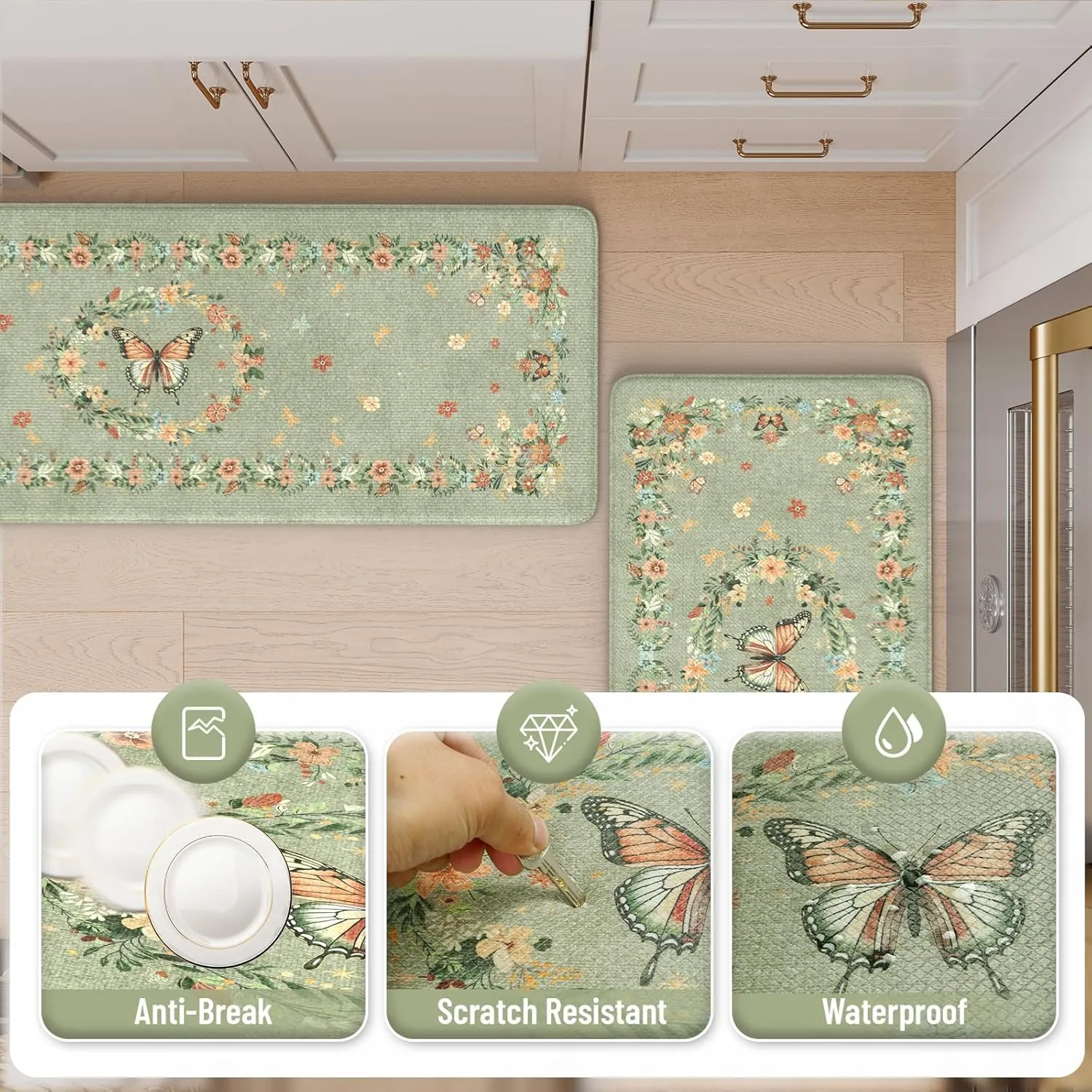 KIMODE Kitchen Anti Fatigue Mats, Farmhouse Kitchen Rugs Sets of 2, Memory Foam Kitchen Mats for Floor, Waterproof Standing Mat for Sink Laundry Office Desk Green 17"x59" 17"x29"