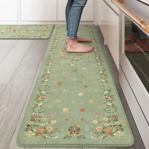 KIMODE Kitchen Anti Fatigue Mats, Farmhouse Kitchen Rugs Sets of 2, Memory Foam Kitchen Mats for Floor, Waterproof Standing Mat for Sink Laundry Office Desk Green 17"x59" 17"x29"