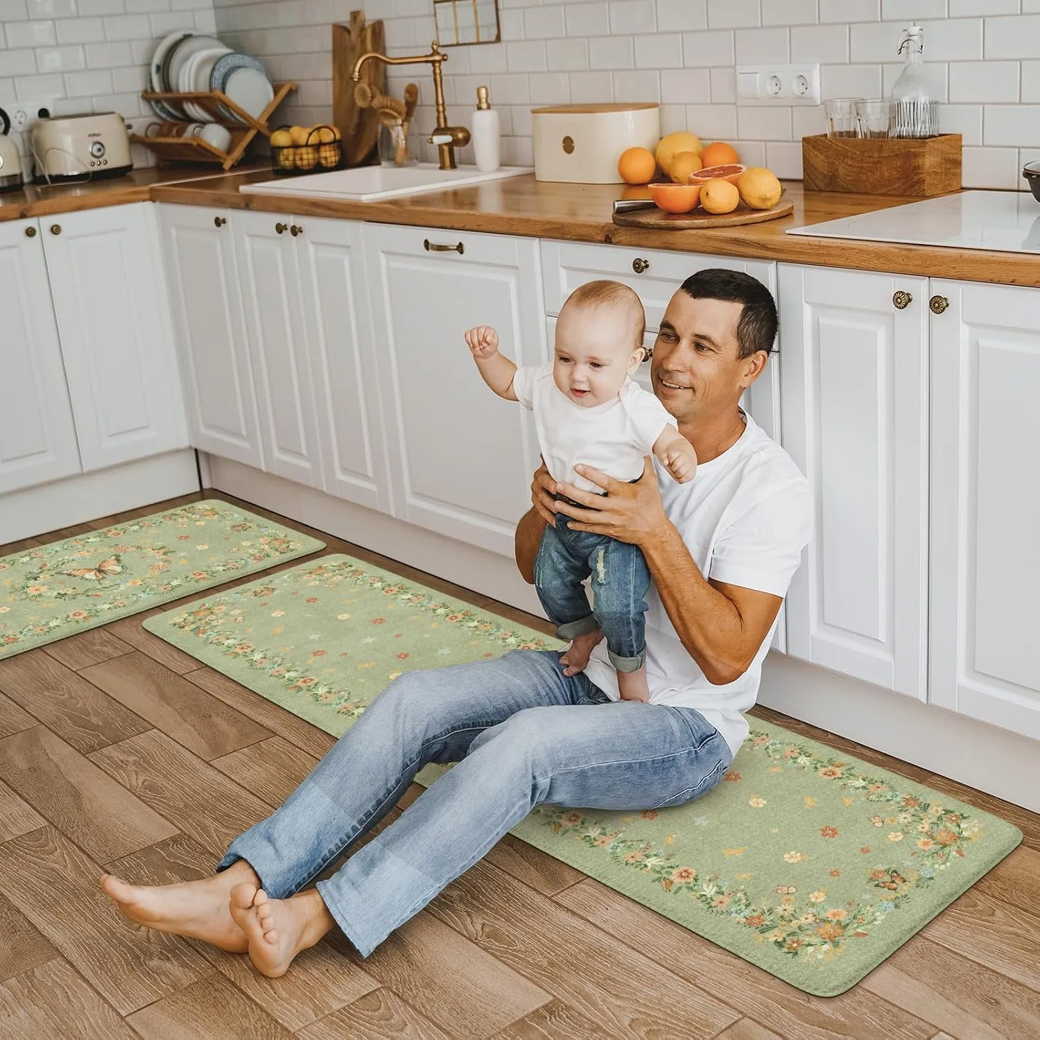 KIMODE Kitchen Anti Fatigue Mats, Farmhouse Kitchen Rugs Sets of 2, Memory Foam Kitchen Mats for Floor, Waterproof Standing Mat for Sink Laundry Office Desk Green 17"x59" 17"x29"
