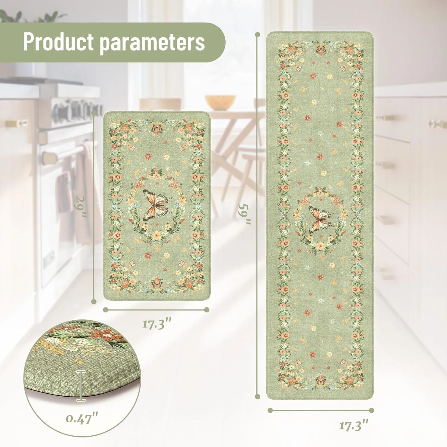 KIMODE Kitchen Anti Fatigue Mats, Farmhouse Kitchen Rugs Sets of 2, Memory Foam Kitchen Mats for Floor, Waterproof Standing Mat for Sink Laundry Office Desk Green 17"x59" 17"x29"