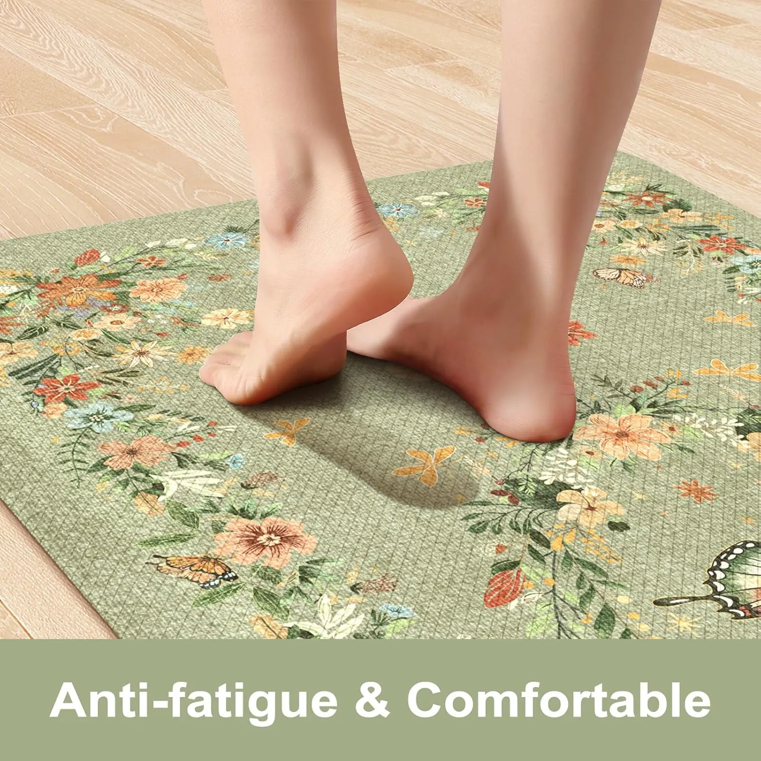 KIMODE Kitchen Anti Fatigue Mats, Farmhouse Kitchen Rugs Sets of 2, Memory Foam Kitchen Mats for Floor, Waterproof Standing Mat for Sink Laundry Office Desk Green 17"x59" 17"x29"