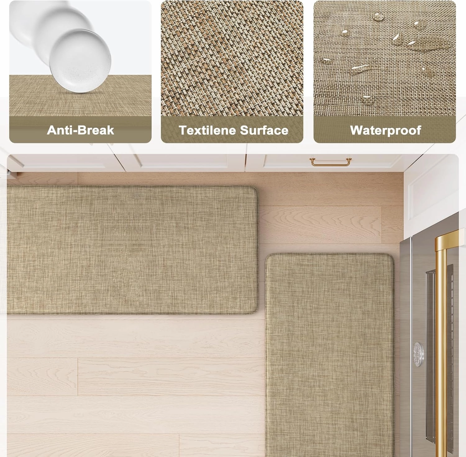 KIMODE Anti Fatigue Kitchen Mats, 17"x47" 17"x29" Farmhouse Kitchen Rugs Sets of 2, Non Slip Kitchen Mats for Floor, Cushioned Kitchen Floor Mats for Sink Laundry Office Desk Light Brown