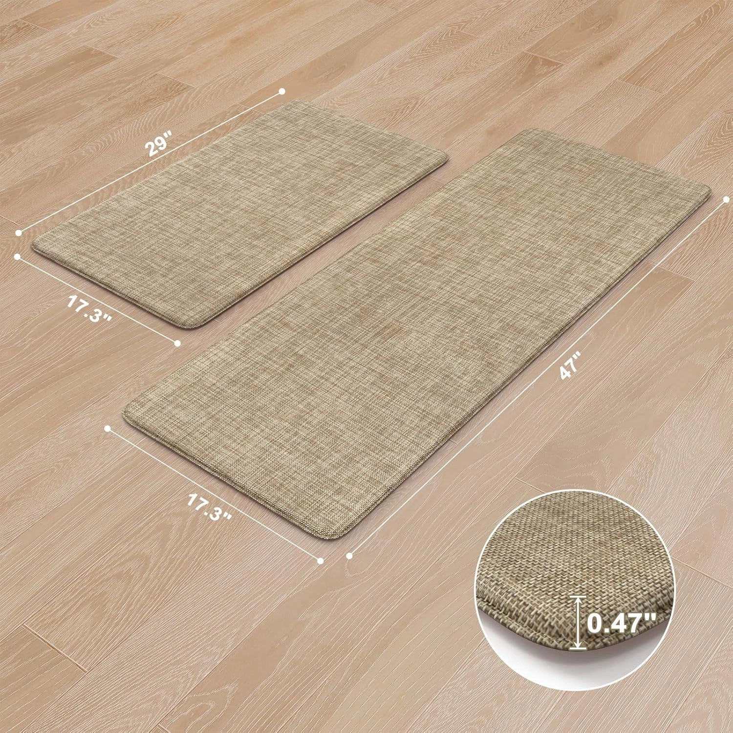KIMODE Anti Fatigue Kitchen Mats, 17"x47" 17"x29" Farmhouse Kitchen Rugs Sets of 2, Non Slip Kitchen Mats for Floor, Cushioned Kitchen Floor Mats for Sink Laundry Office Desk Light Brown