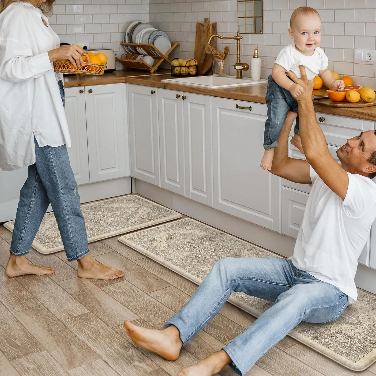 KIMODE Anti Fatigue Kitchen Mats 2 PCS 17"x47" 17"x29", Boho Kitchen Rugs and Mats, Non Slip Cushioned Kitchen Mats for Floor, Waterproof Kitchen Floor Mats for Laundry, Office, Sink, Khaki