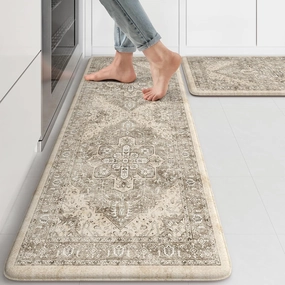 KIMODE Anti Fatigue Kitchen Mats 2 PCS 17"x47" 17"x29", Boho Kitchen Rugs and Mats, Non Slip Cushioned Kitchen Mats for Floor, Waterproof Kitchen Floor Mats for Laundry, Office, Sink, Khaki