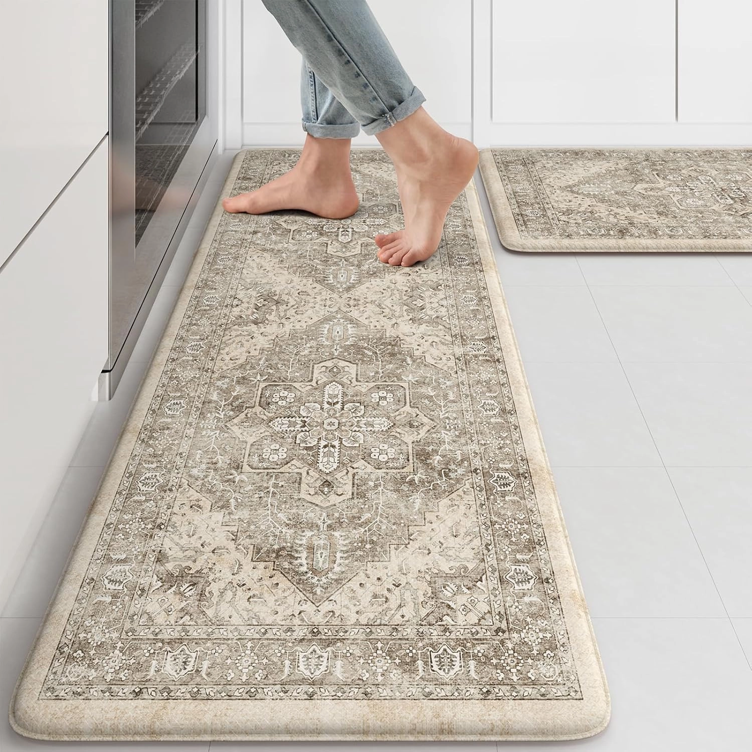 KIMODE Anti Fatigue Kitchen Mats 2 PCS 17"x47" 17"x29", Boho Kitchen Rugs and Mats, Non Slip Cushioned Kitchen Mats for Floor, Waterproof Kitchen Floor Mats for Laundry, Office, Sink, Khaki