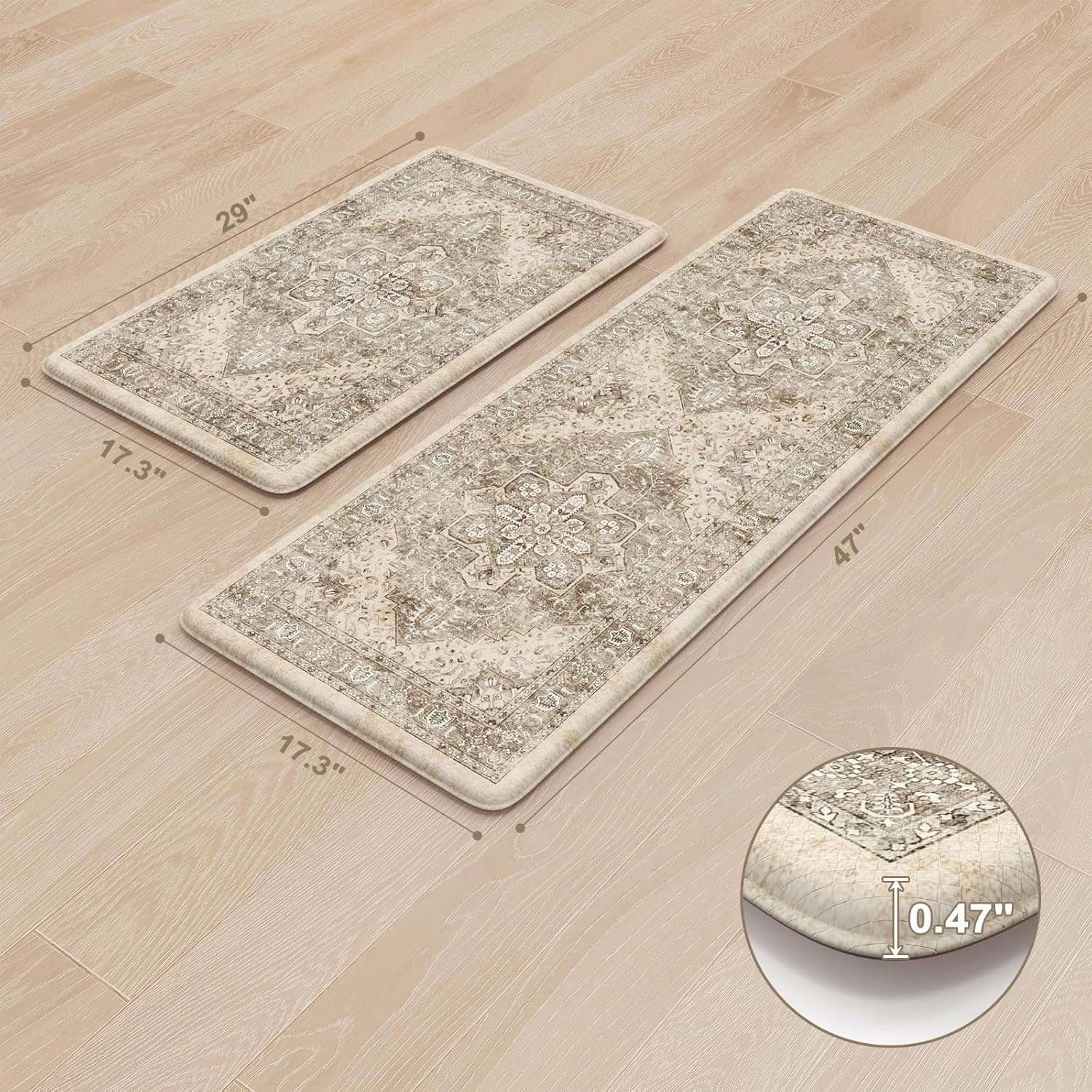 KIMODE Anti Fatigue Kitchen Mats 2 PCS 17"x47" 17"x29", Boho Kitchen Rugs and Mats, Non Slip Cushioned Kitchen Mats for Floor, Waterproof Kitchen Floor Mats for Laundry, Office, Sink, Khaki