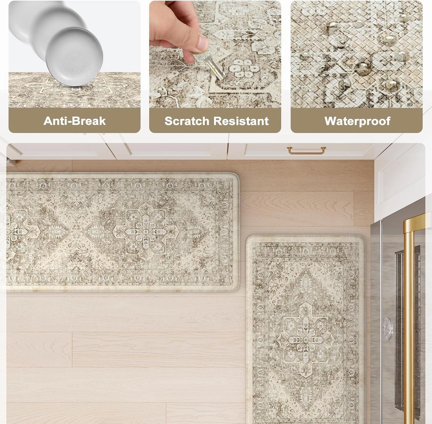 KIMODE Anti Fatigue Kitchen Mats 2 PCS 17"x47" 17"x29", Boho Kitchen Rugs and Mats, Non Slip Cushioned Kitchen Mats for Floor, Waterproof Kitchen Floor Mats for Laundry, Office, Sink, Khaki