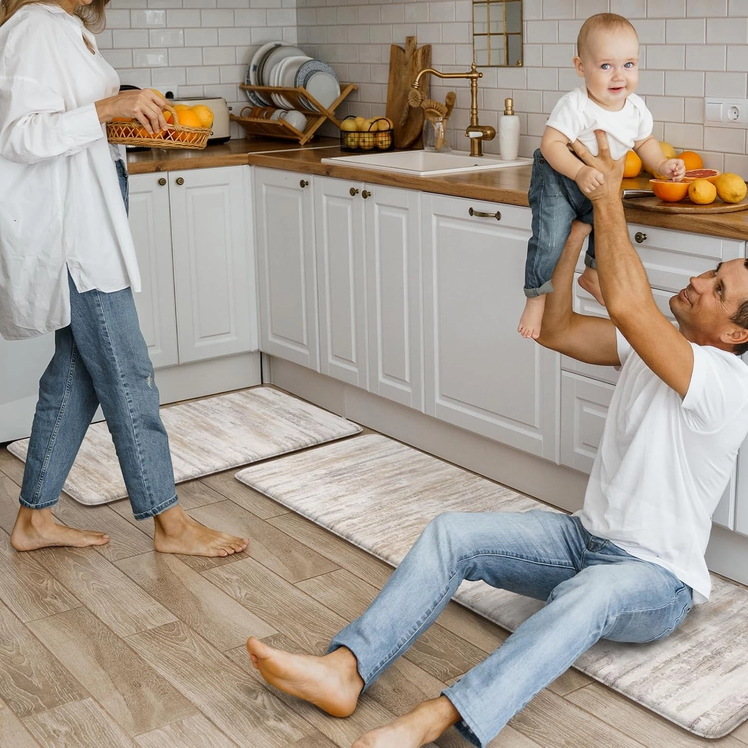 KIMODE Anti Fatigue Kitchen Mats for Floor 2 Piece, Cushioned Abstract Kitchen Rugs,Memory Foam Kitchen Floor Mats, Standing Desk Mats for Laundry, Office, Sink Light Brown Multi 17"x47" 17"x29"