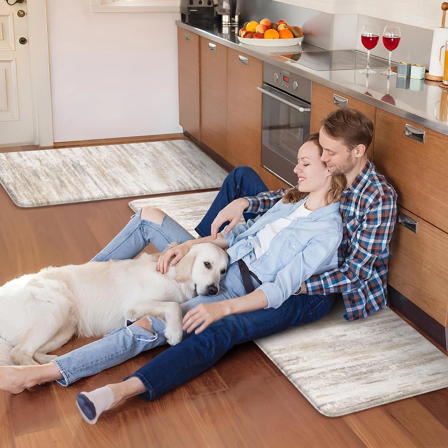 KIMODE Anti Fatigue Kitchen Mats for Floor 2 Piece, Cushioned Abstract Kitchen Rugs,Memory Foam Kitchen Floor Mats, Standing Desk Mats for Laundry, Office, Sink Light Brown Multi 17"x47" 17"x29"