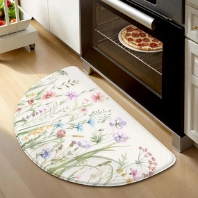 KIMODE Anti Fatigue Mat for Kitchen Floor, 18"x28" Half Circle Memory Foam Kitchen Floor Mats Cushioned Non Slip, Comfort Standing Mats, Boho White Kitchen Rug for Sink Laundry Office Desk