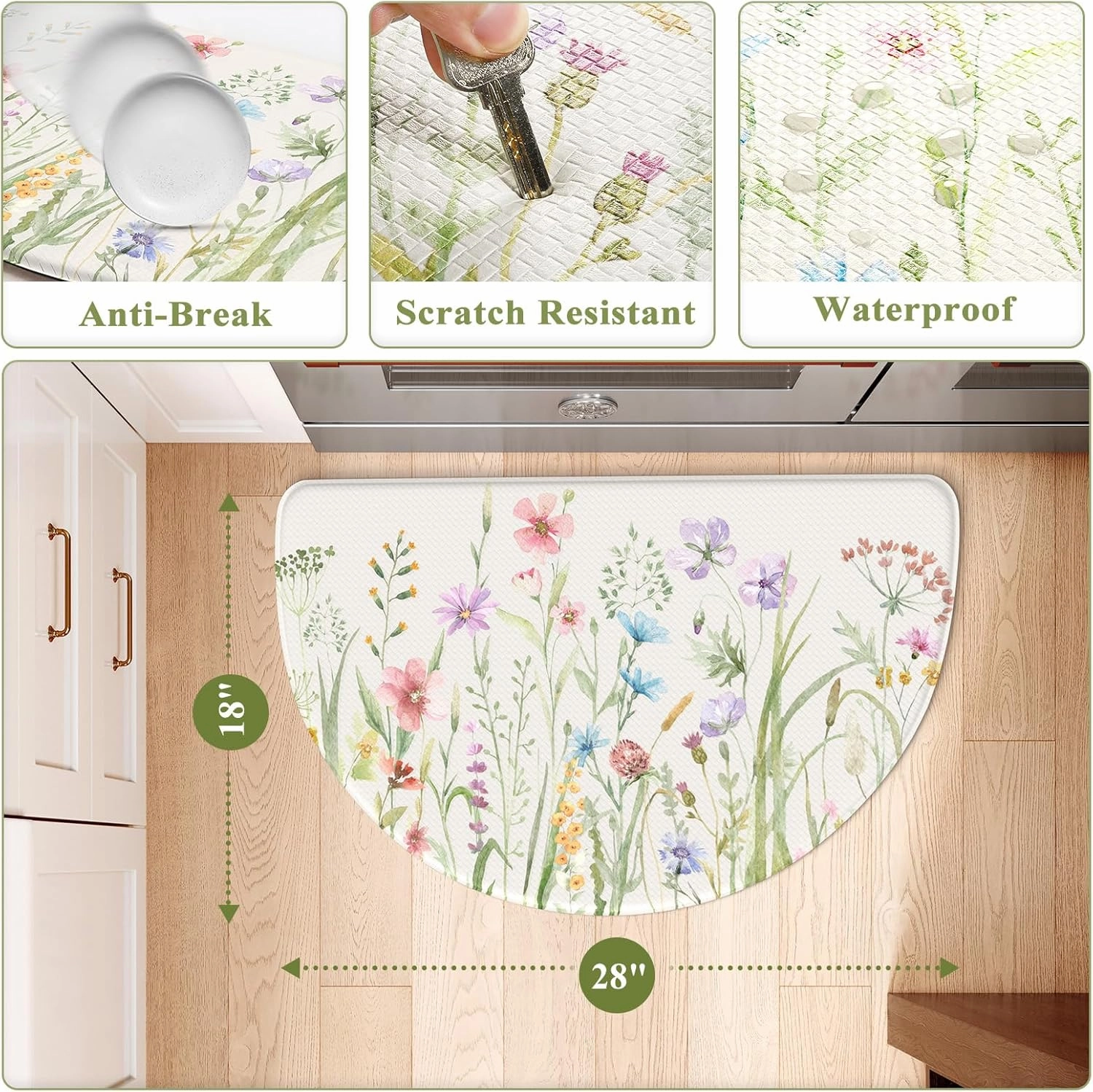 KIMODE Anti Fatigue Mat for Kitchen Floor, 18"x28" Half Circle Memory Foam Kitchen Floor Mats Cushioned Non Slip, Comfort Standing Mats, Boho White Kitchen Rug for Sink Laundry Office Desk