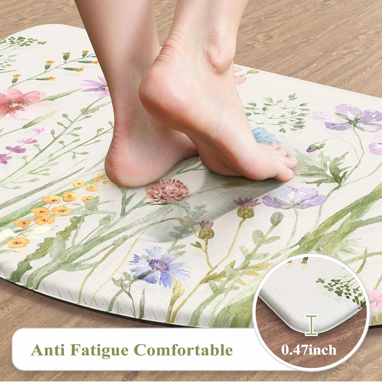 KIMODE Anti Fatigue Mat for Kitchen Floor, 18"x28" Half Circle Memory Foam Kitchen Floor Mats Cushioned Non Slip, Comfort Standing Mats, Boho White Kitchen Rug for Sink Laundry Office Desk