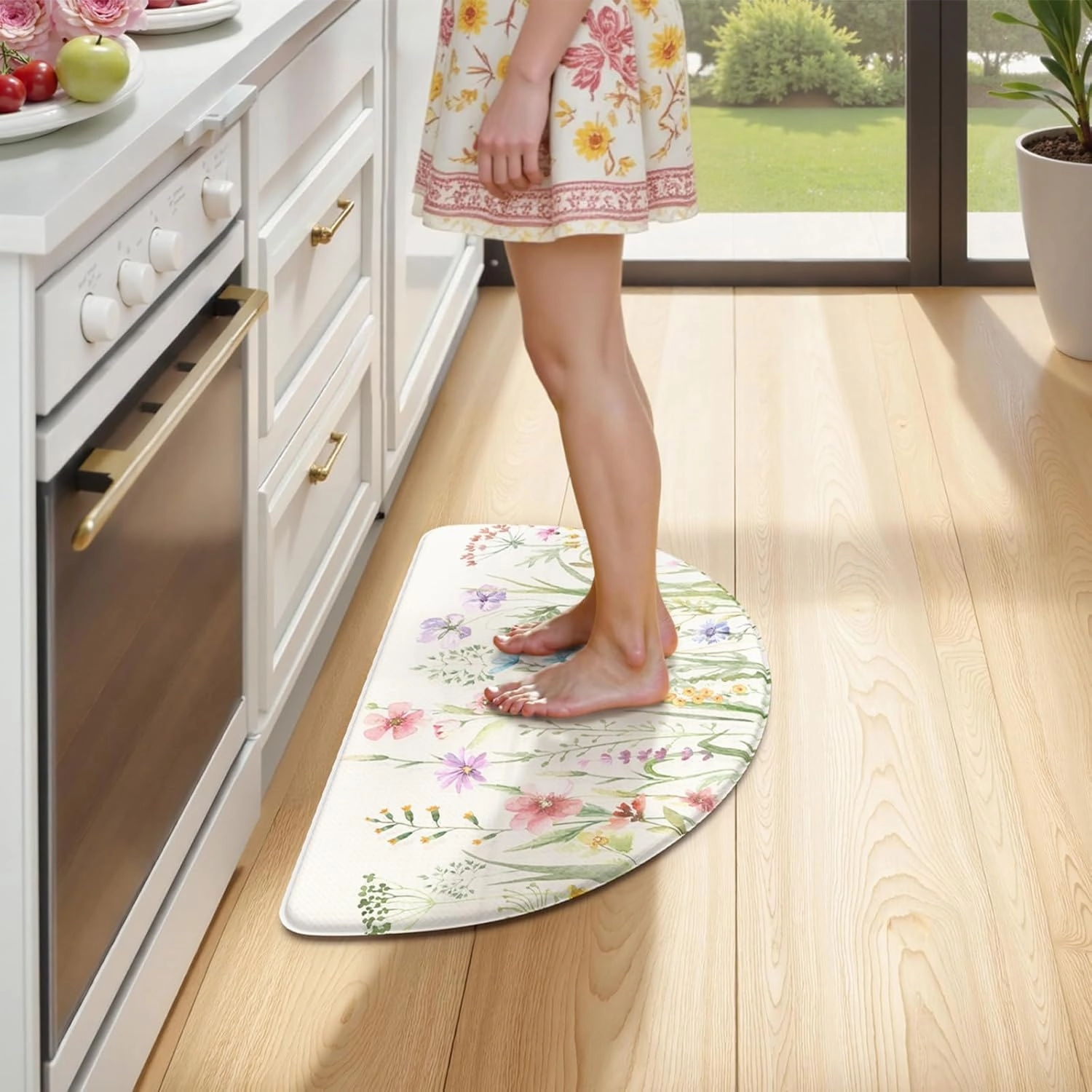 KIMODE Anti Fatigue Mat for Kitchen Floor, 18"x28" Half Circle Memory Foam Kitchen Floor Mats Cushioned Non Slip, Comfort Standing Mats, Boho White Kitchen Rug for Sink Laundry Office Desk