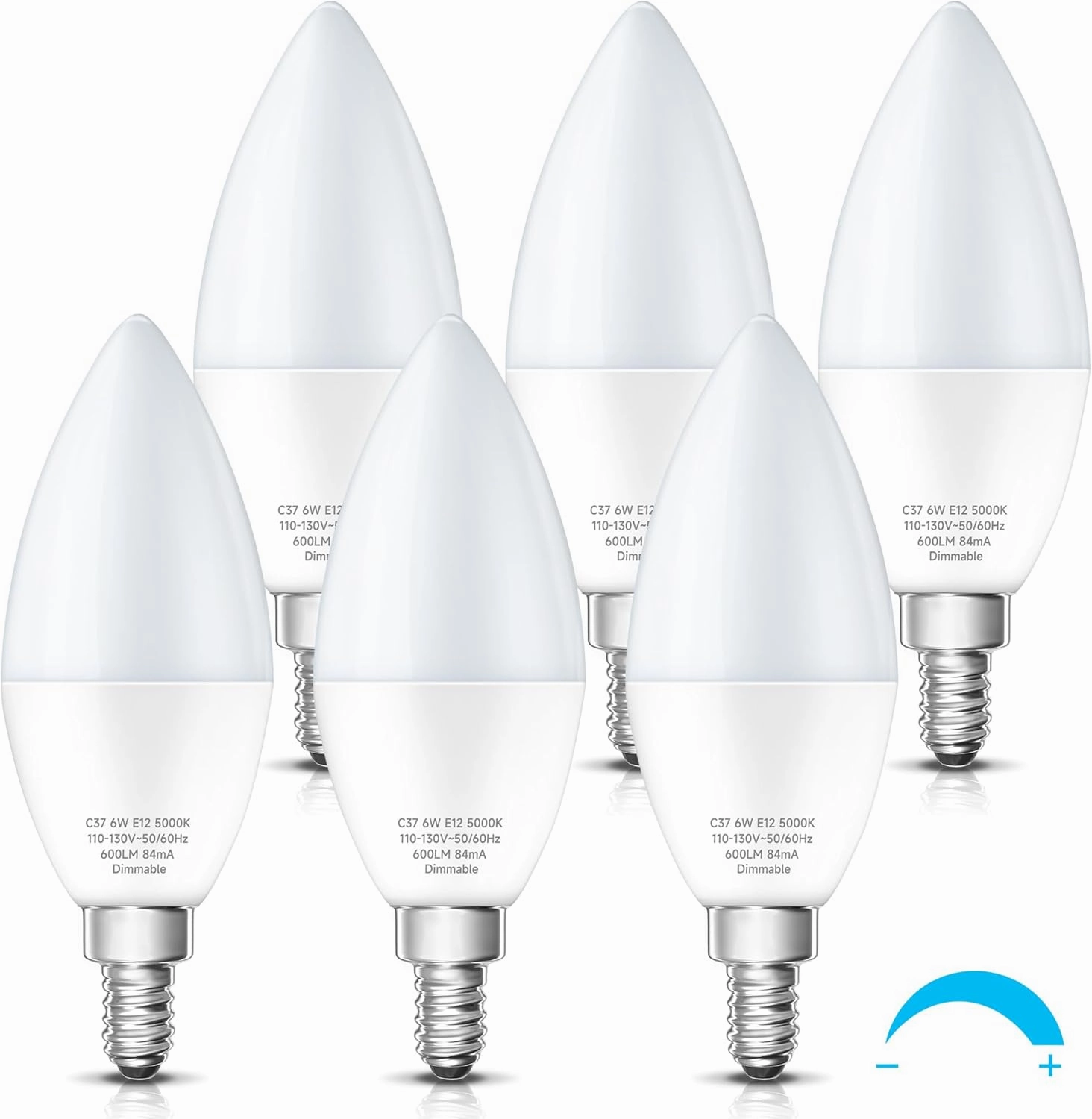 KINDEEP LED Candelabra Light Bulbs Dimmable 60 Watt Equivalent, Daylight 5000K, 600LM, E12 Candle Bulb Base 6W Ceiling Fan Lightbulbs Type B Bulb for Chandelier, Wall Sconces, 6 Pack